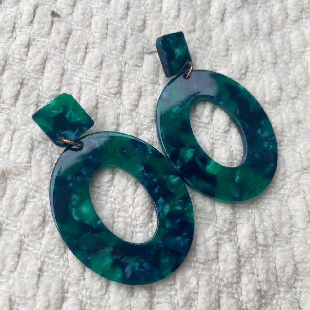 Green Swirl Acrylic Marbled Oval Drop Earrings